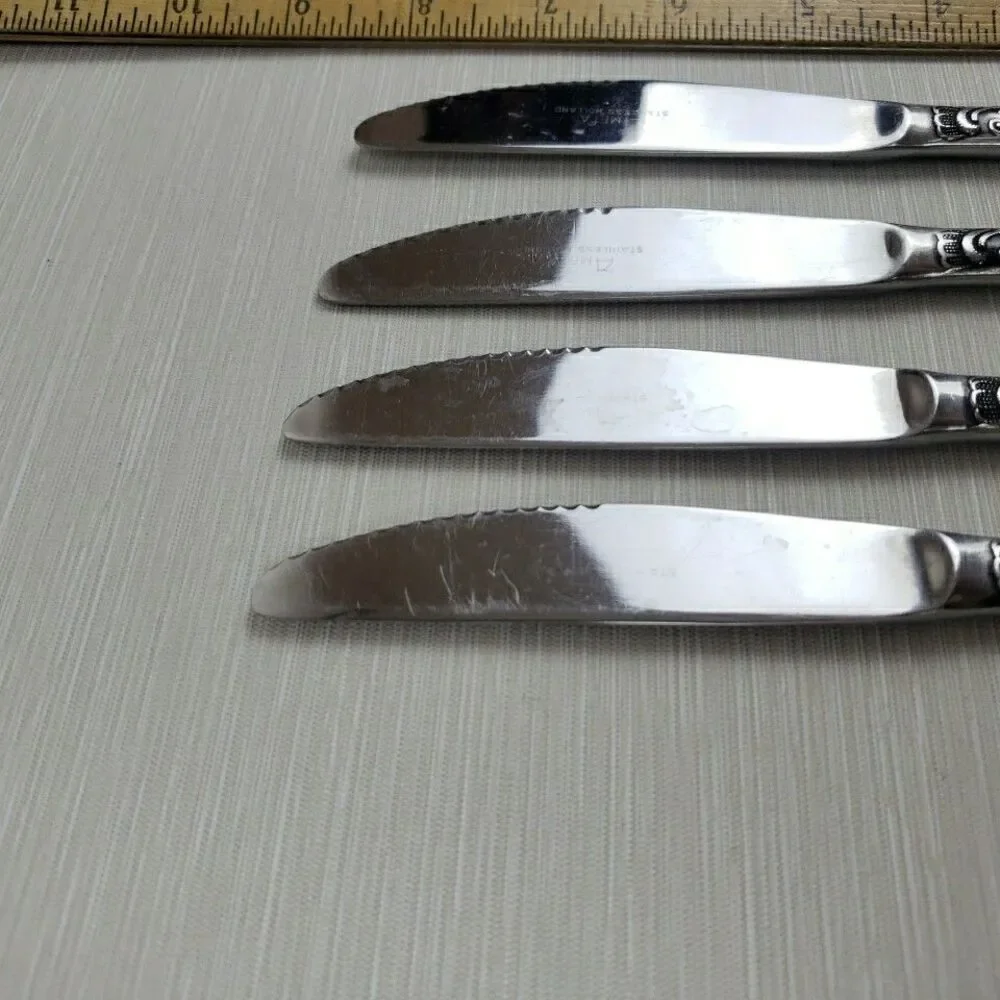 Amefa Dinner Knives Stainless Holland AFS1 4 Pcs Scroll Leaf Flatware Silverware